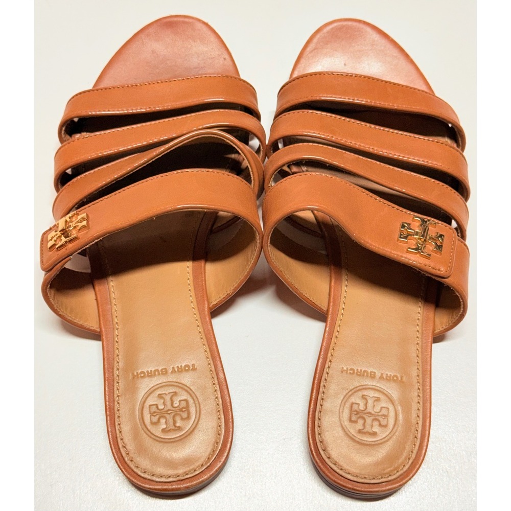 Tory Burch Tan Brown Leather Multi Strap Slide Sandals Gold Logo 6M 55265‎